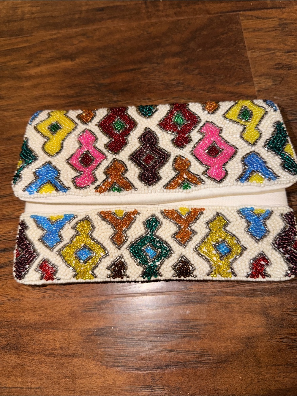 White Beaded Multicolor Geometric Fold-Over Clutch